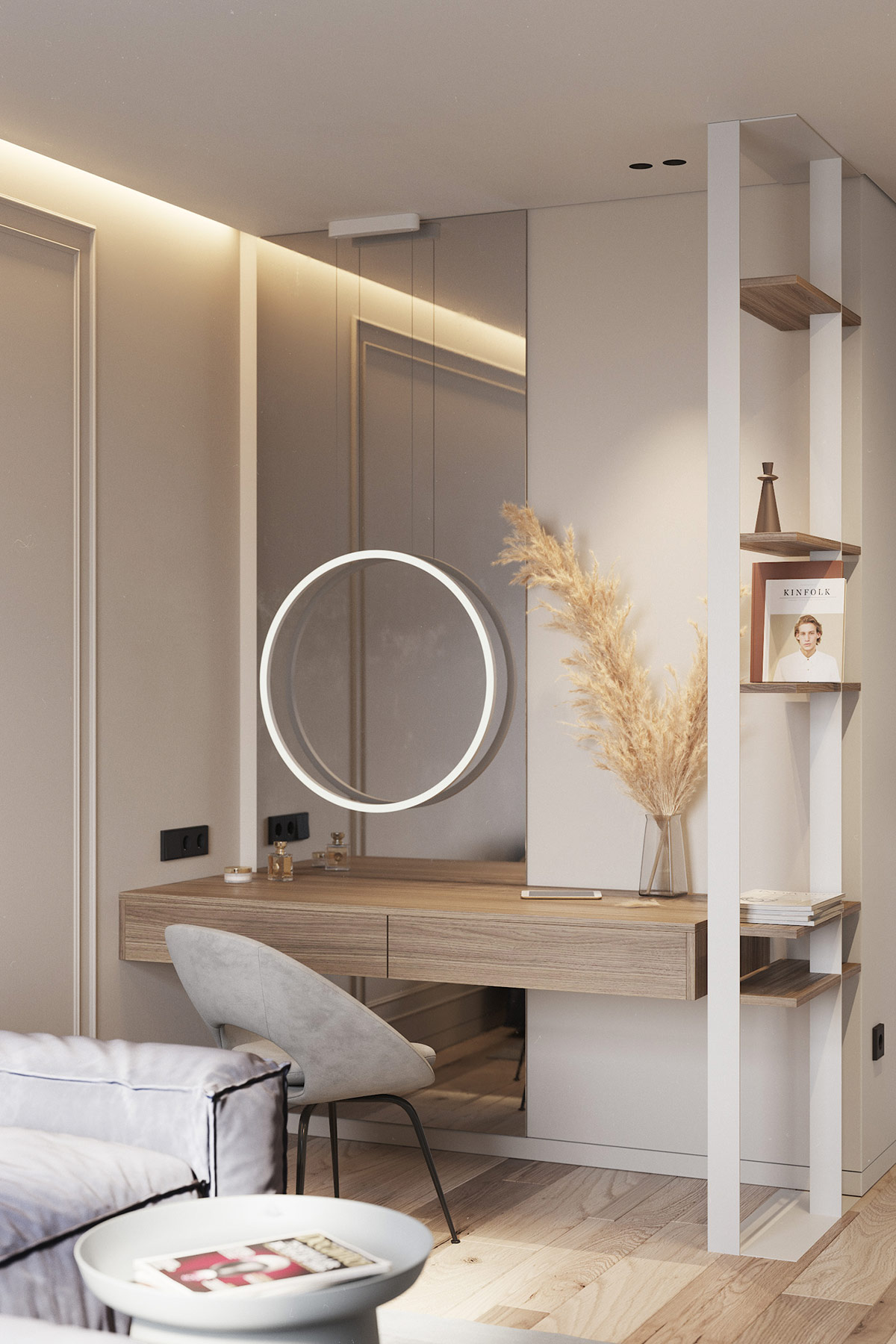 g&oacute;c trang điểm với b&agrave;n ghế gỗ, gương tr&ograve;n gắn tường kết hợp đ&egrave;n LED