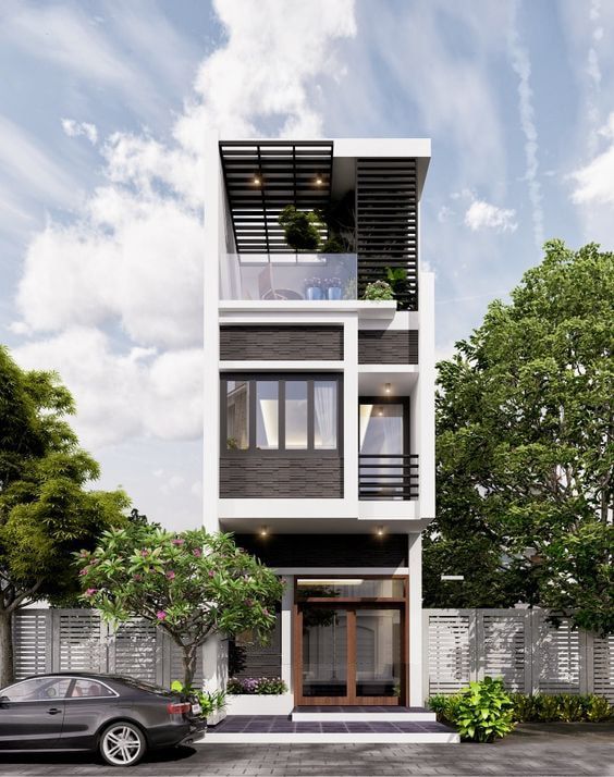 Phối cảnh 3D nh&agrave; 3 tầng, xung quanh c&oacute; &ocirc; t&ocirc;, c&acirc;y xanh tươi tốt