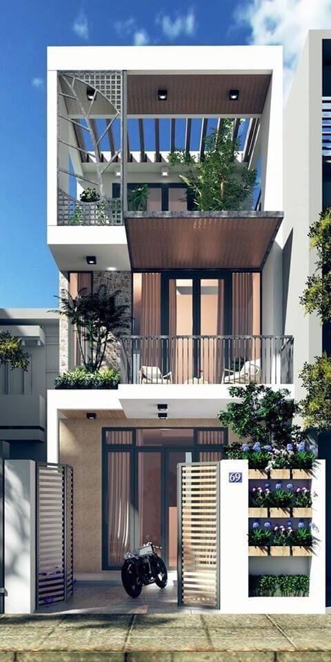 h&igrave;nh ảnh mẫu nh&agrave; 3 tầng được thiết kế l&ugrave;i v&agrave;o trong, cửa k&iacute;nh, ban c&ocirc;ng thư gi&atilde;n