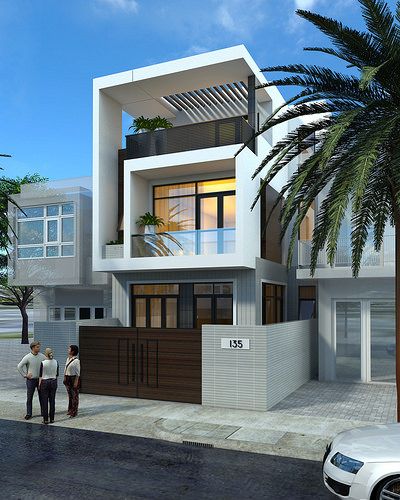 h&igrave;nh ảnh phối cảnh mẫu nh&agrave; 3 tầng với h&agrave;ng r&agrave;o, cửa cổng cao k&iacute;n