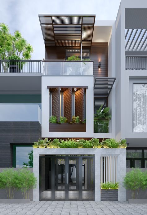 h&igrave;nh ảnh phối cảnh mẫu nh&agrave; 3 tầng hiện đại với c&acirc;y xanh trồng ở ban c&ocirc;ng, s&acirc;n thượng, lam gỗ che