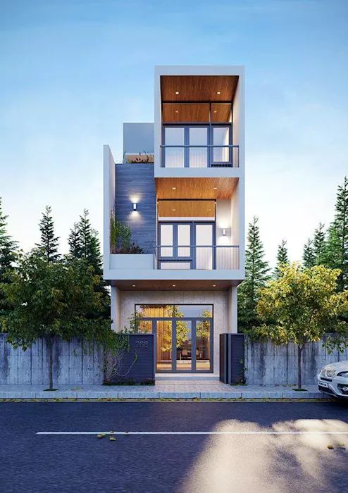 H&igrave;nh ảnh phối cảnh mẫu nh&agrave; 3 tầng với cửa k&iacute;nh mặt tiền, ốp gố