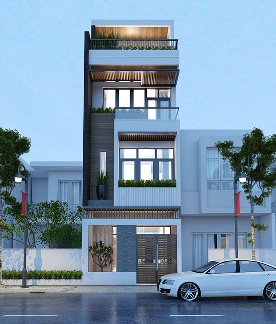 h&igrave;nh ảnh phối cảnh nh&agrave; phố 3 tầng hiện đại với điểm nhấn l&agrave; c&acirc;y canh ở ban c&ocirc;ng, s&acirc;n thượng
