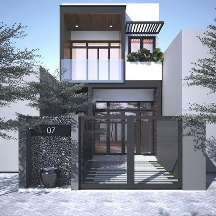 Phối cảnh 3D mẫu nh&agrave; ống 2 tầng phong c&aacute;ch hiện đại