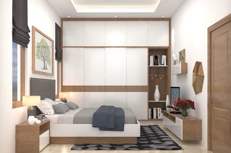 Thiết kế tủ quần &aacute;o c&aacute;nh phẳng cao kịch trần cung cấp kh&ocirc;ng gian lưu trữ thoải m&aacute;i cho ph&ograve;ng ngủ của cậu con trai.
