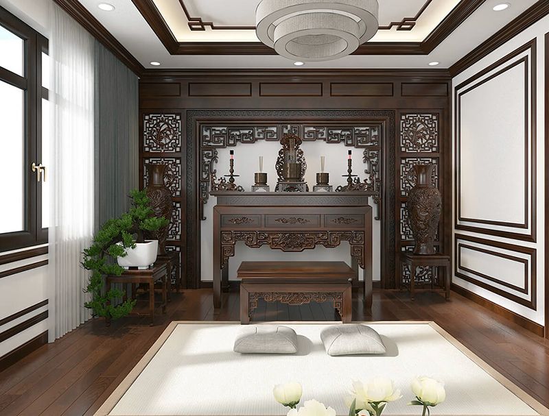 Kh&ocirc;ng gian ph&ograve;ng thờ tho&aacute;ng s&aacute;ng, b&agrave;i tr&iacute; gọn đẹp, trang nghi&ecirc;m.