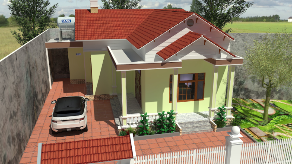 Phối cảnh 3D mẫu nh&agrave; cấp 4 m&aacute;i Th&aacute;i kết hợp m&aacute;i hi&ecirc;n ấn tượng