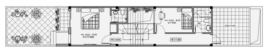 Sơ đồ bố trí nội thất tầng 3 nhà ống