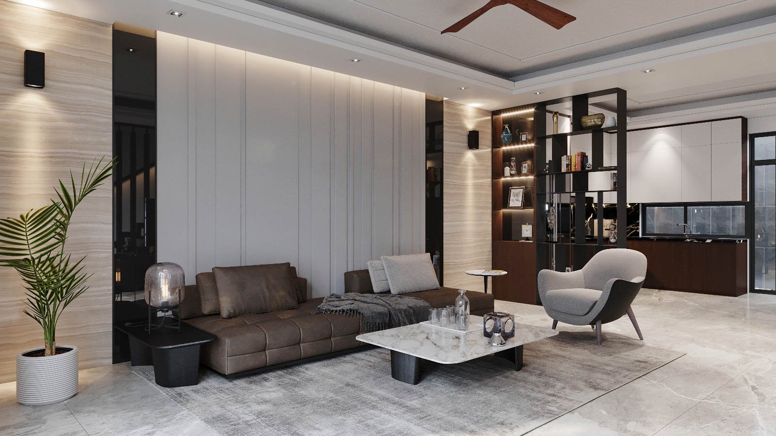phòng khách biệt thự với sofa màu nâu, ghế đen, thảm xám
