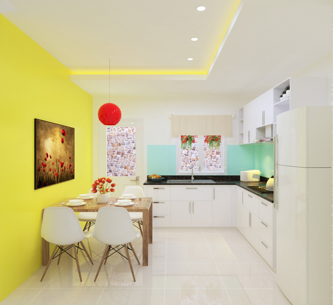 Các mảng tường rực rỡ sắc phòng tạo điểm nhấn ấn tượng cho không gian phòng bếp kết hợp phòng ăn phong cách hiện đại.
