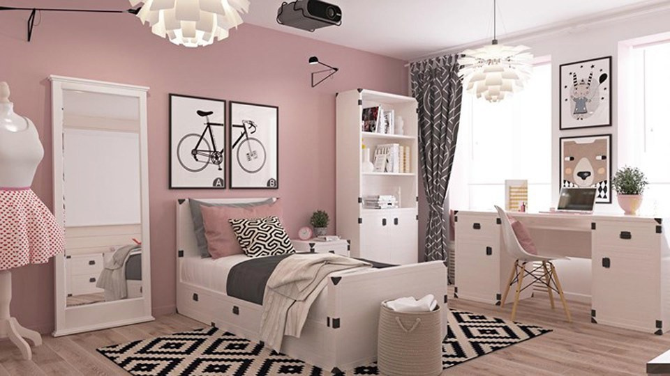 Mẫu thiết kế phòng ngủ đẹp tinh tế cho cô con gái với mảng tường màu hồng pastel dịu ngọt kết hợp cùng sắc trắng, nhấn nhá màu đen sinh động.