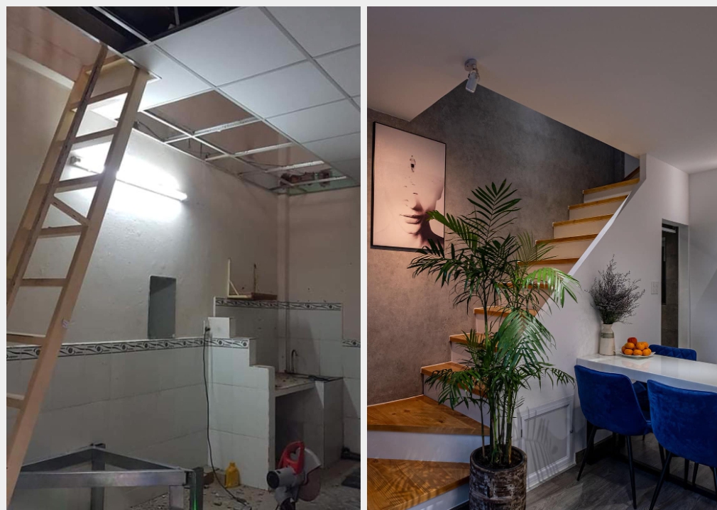 Một g&oacute;c cầu thang trước v&agrave; sau cải tạo