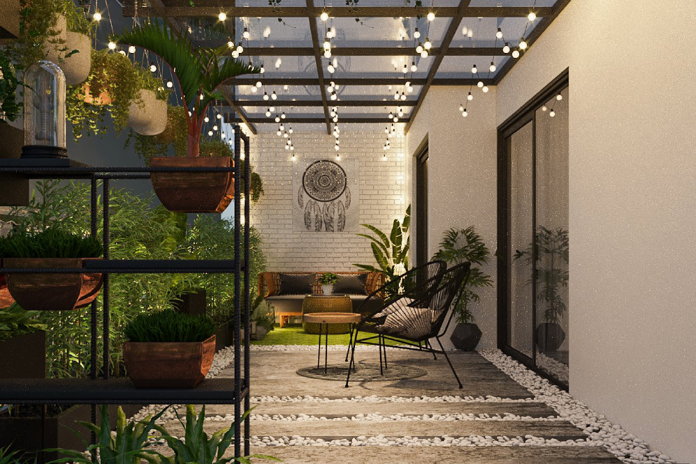 không gian ban công ngập tràn cây xanh, ánh sáng đèn