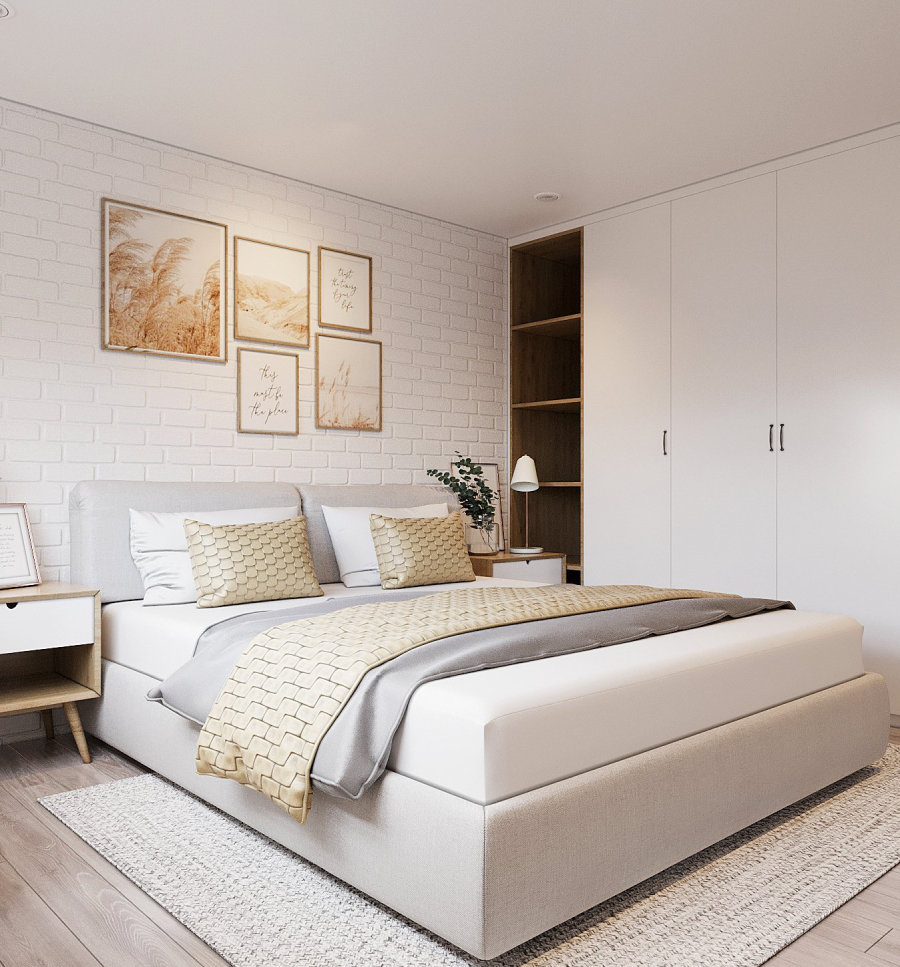 Thiết kế nội thất phòng ngủ nhỏ đậm chất Scandinavian với sắc trắng xám chủ đạo. Tủ quần áo màu trắng âm tường như hòa lẫn vào không gian.