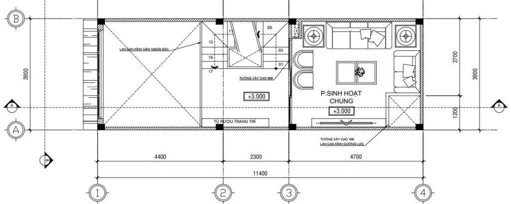 Bản vẽ thiết kế nh&agrave; phố c&oacute; tầng lửng