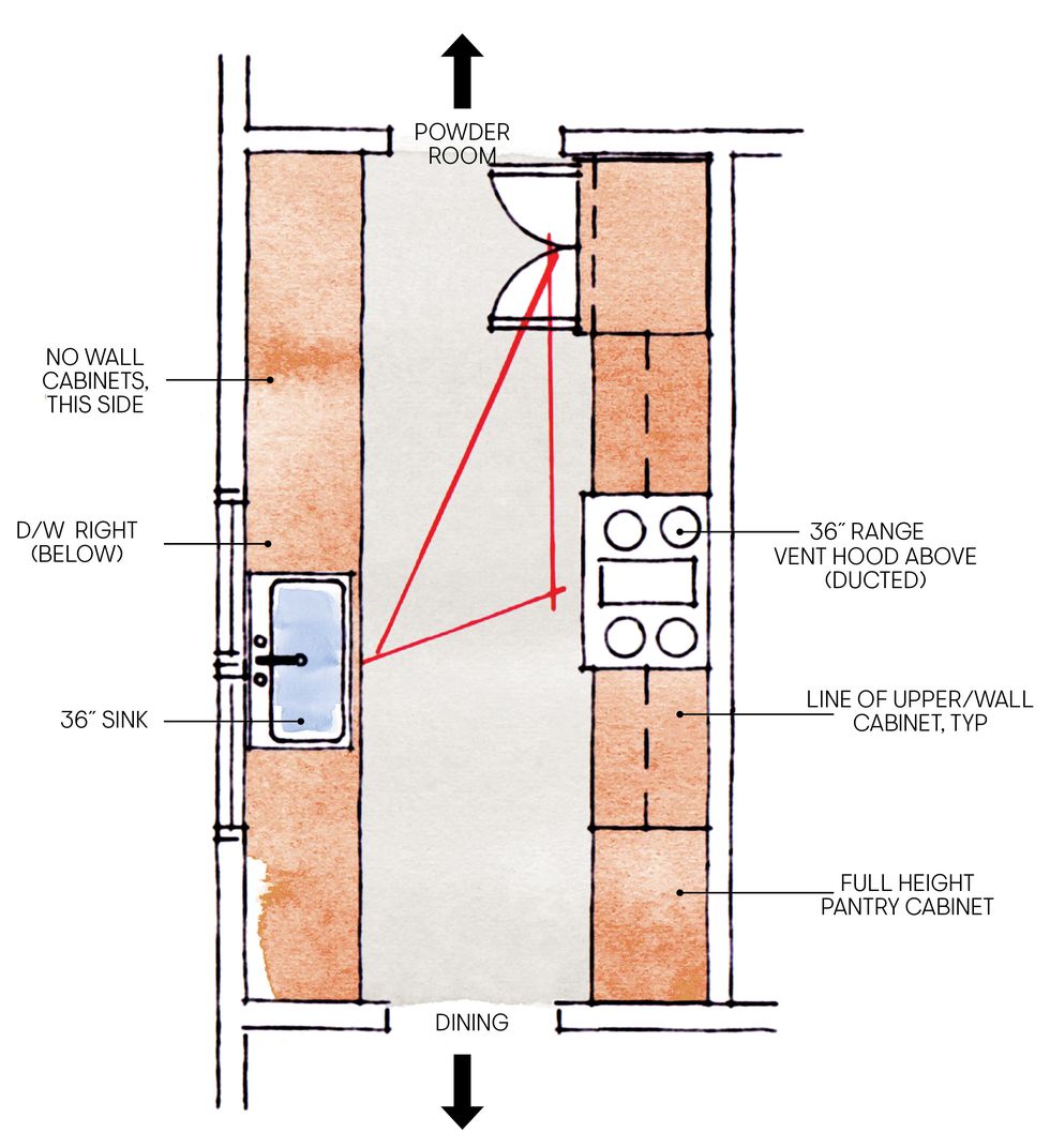Bố cục thiết kế bếp dài với "tam giác hữu dụng" được đảm bảo.