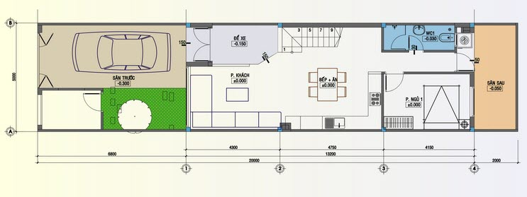 Mặt bằng thiết kế tầng 1 nhà ống Mặt bằng thiết kế tầng 1 nhà ống