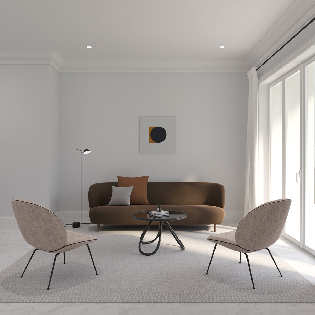 Trong ph&ograve;ng kh&aacute;ch căn hộ tối giản, ghế sofa lưng cong được kết hợp với những chiếc ghế tr&ograve;n trịa, b&agrave;n c&agrave; ph&ecirc; tr&ograve;n v&agrave; bức tường nghệ thuật với họa tiết c&ugrave;ng h&igrave;nh dạng.