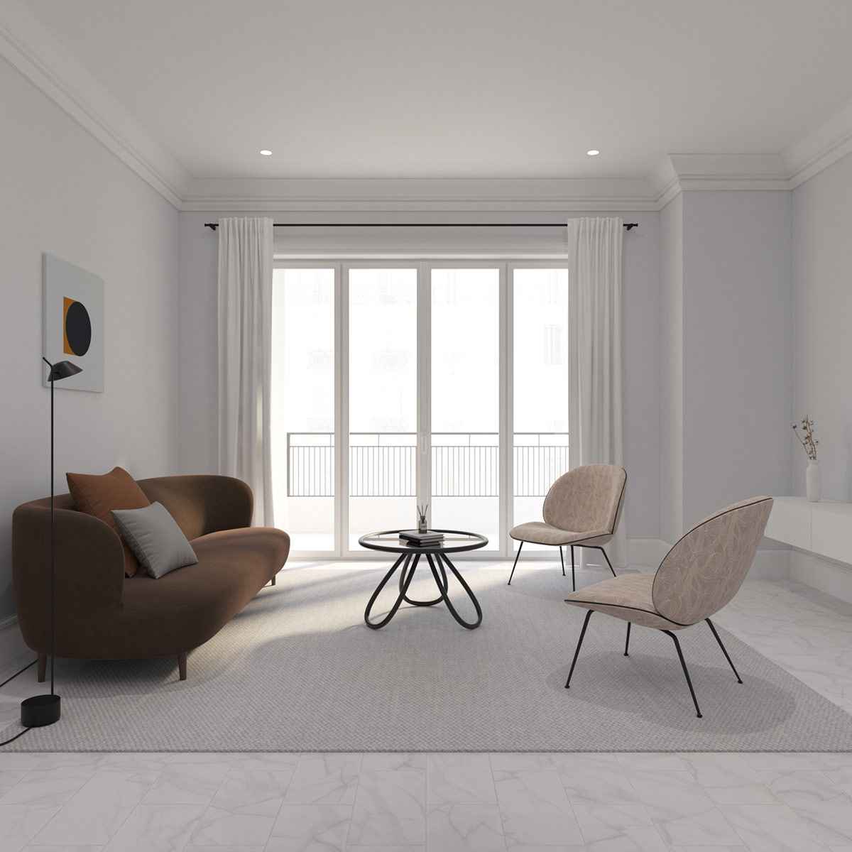 h&igrave;nh ảnh ph&ograve;ng kh&aacute;ch với sofa lưng cong m&agrave;u n&acirc;u, b&agrave;n c&agrave; ph&ecirc; tr&ograve;n tr&ecirc;n thảm trải x&aacute;m, cửa k&iacute;nh ngập tr&agrave;n &aacute;nh s&aacute;ng