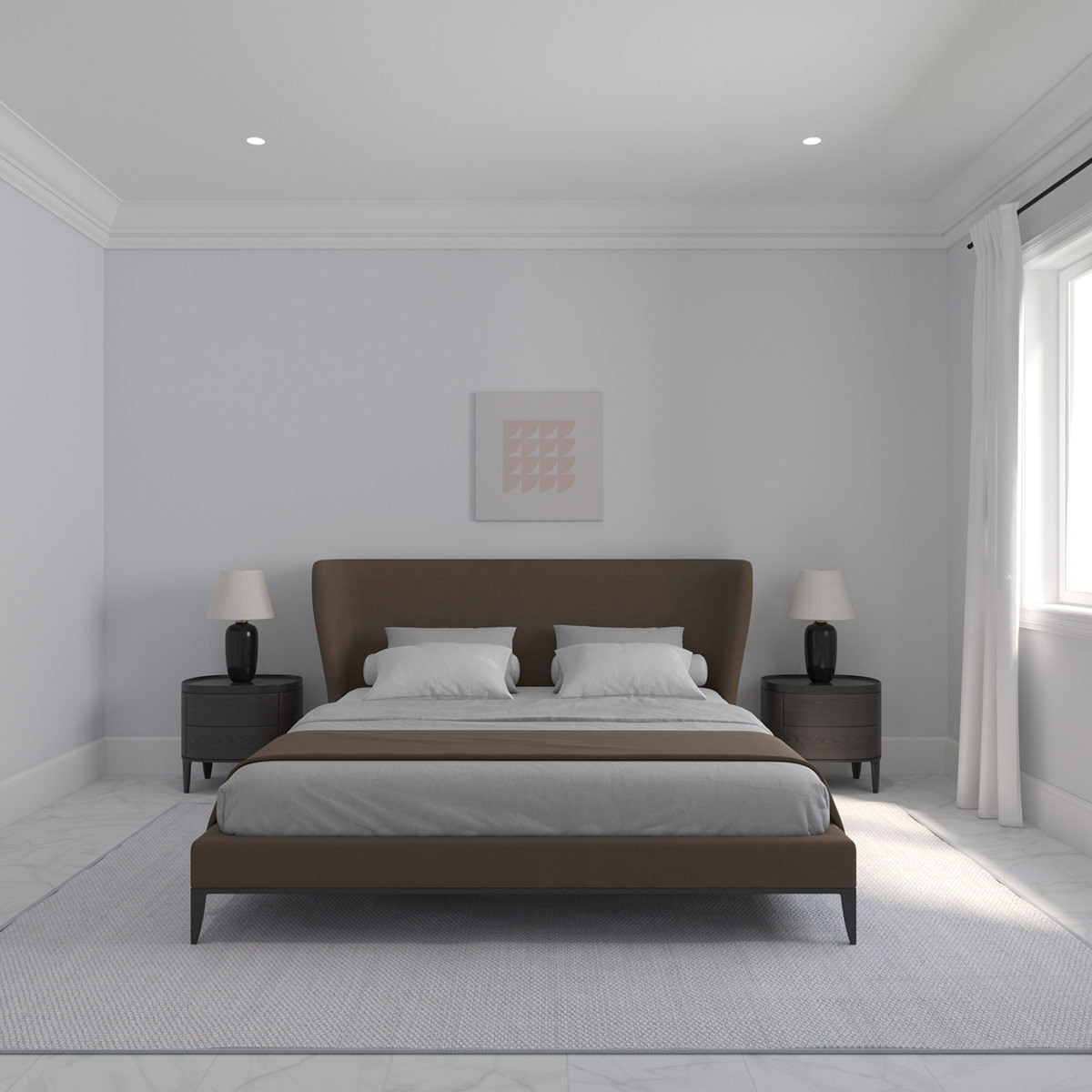 Ph&ograve;ng ngủ thứ hai ấn tượng với chiếc giường c&oacute; phần đầu c&oacute; "c&aacute;nh", được bao quanh bởi c&aacute;c ngăn k&eacute;o tối m&agrave;u v&agrave; đ&egrave;n m&agrave;u đen c&aacute; t&iacute;nh.