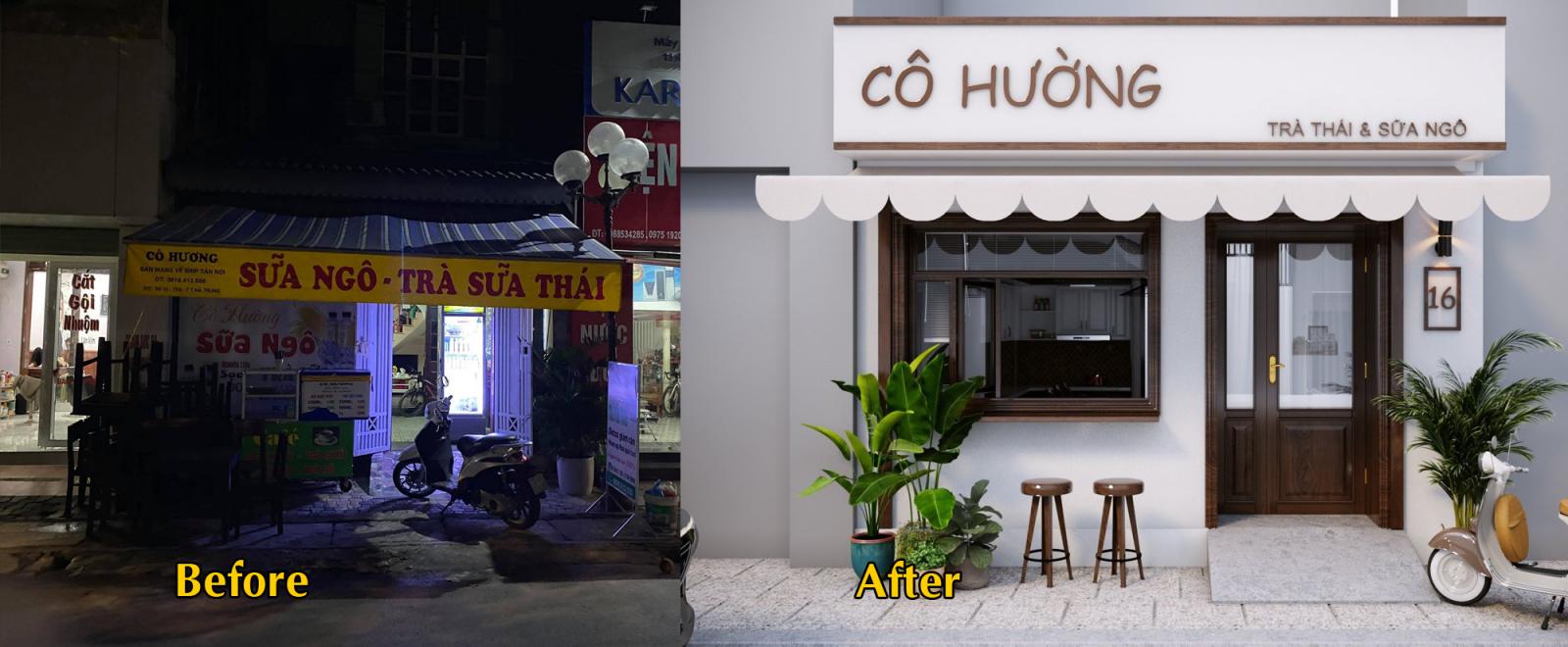 hình ảnh mặt tiền nhà phố trước và sau khi được cải tạo với bảng hiệu trà sữa tinh tế