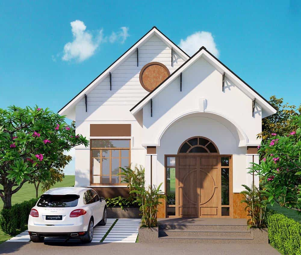 hình ảnh phối cảnh mẫu nhà cấp 4 mái Thái được xây dựng trên lô đất rộng 5x20m.