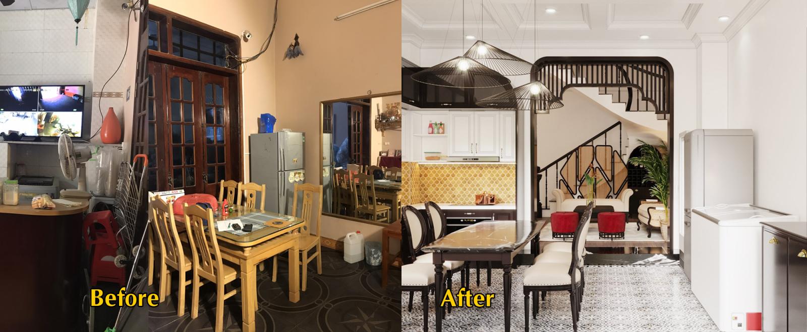 hình ảnh phòng bếp cũ kỹ, bừa bộn trước cải tạo, và bếp ăn thoáng sạch, hiện đại sau cải tạo
