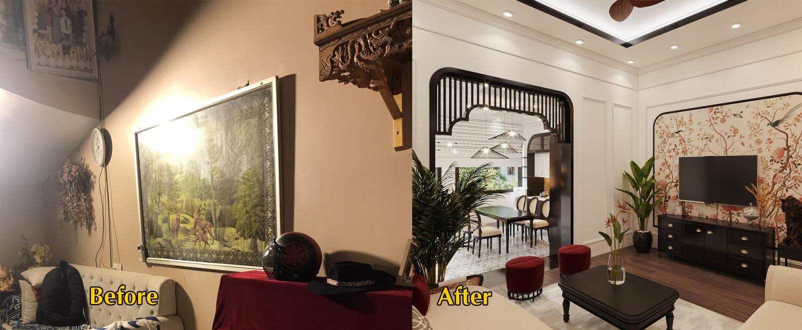 hình ảnh góc phòng khách, phòng thờ nhà phố trước và sau khi cải tạo