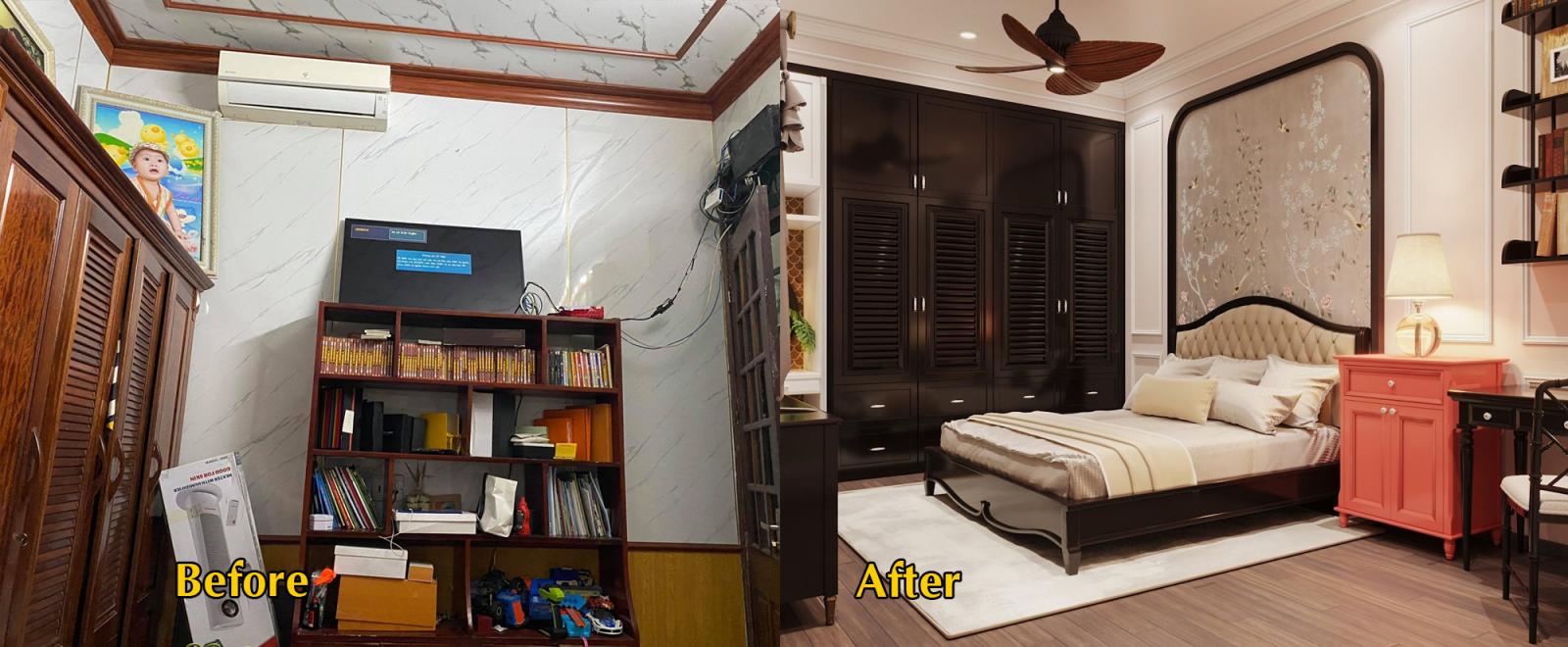 phòng ngủ nhà phố trước và sau khi được cải tạo