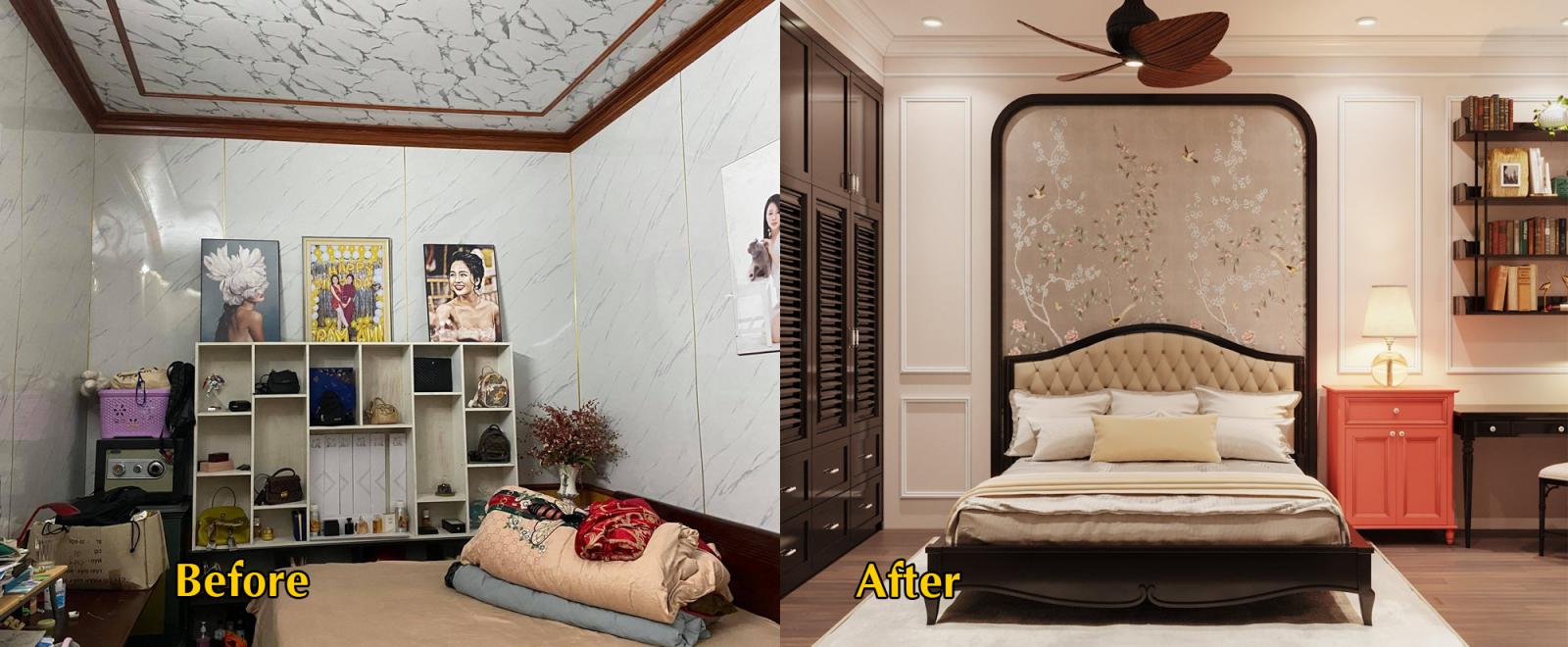 Tủ đầu giường màu hồng cam tạo điểm nhấn màu sắc sinh động, vui mắt.