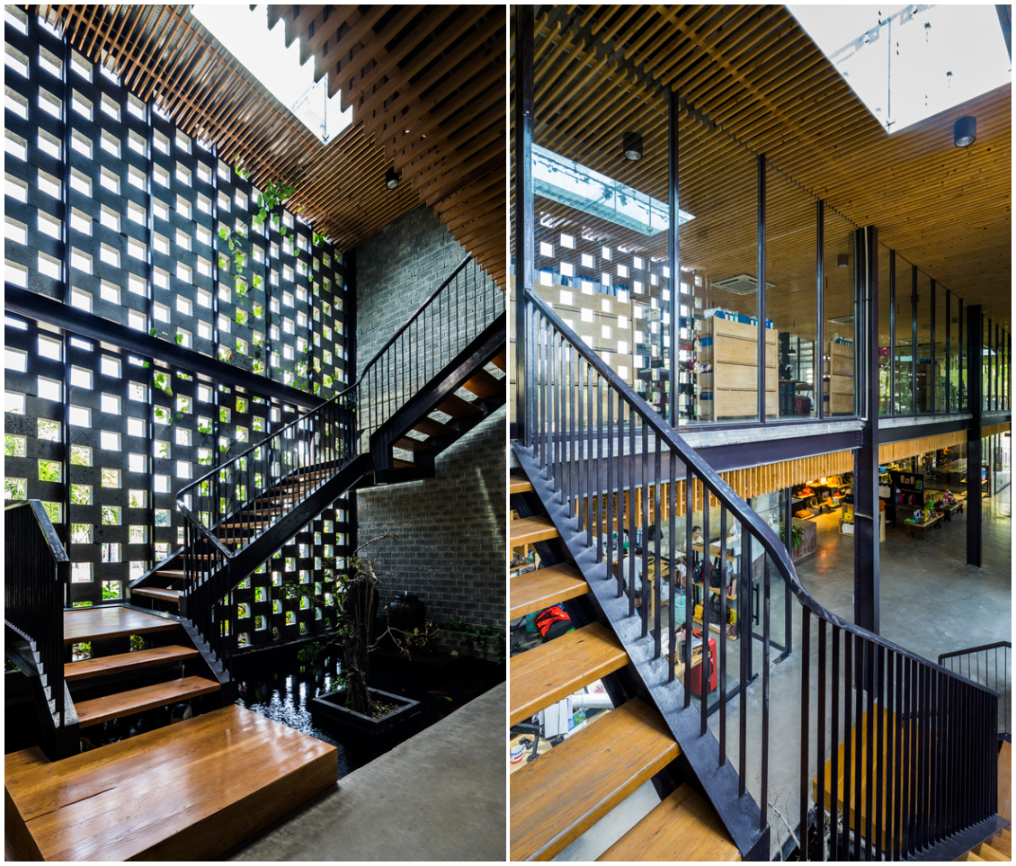 h&igrave;nh ảnh khu vực cầu thang trong nh&agrave; xưởng với tường gạch lỗ th&ocirc;ng gi&oacute;, trần gỗ, cửa sổ trần lấy s&aacute;ng