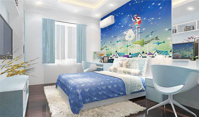 h&igrave;nh ảnh ph&ograve;ng ngủ con trai với s&agrave;n gỗ, tường trắng, r&egrave;m cửa v&agrave; ga gối m&agrave;u xanh, tranh d&aacute;n tường ngộ nghĩnh