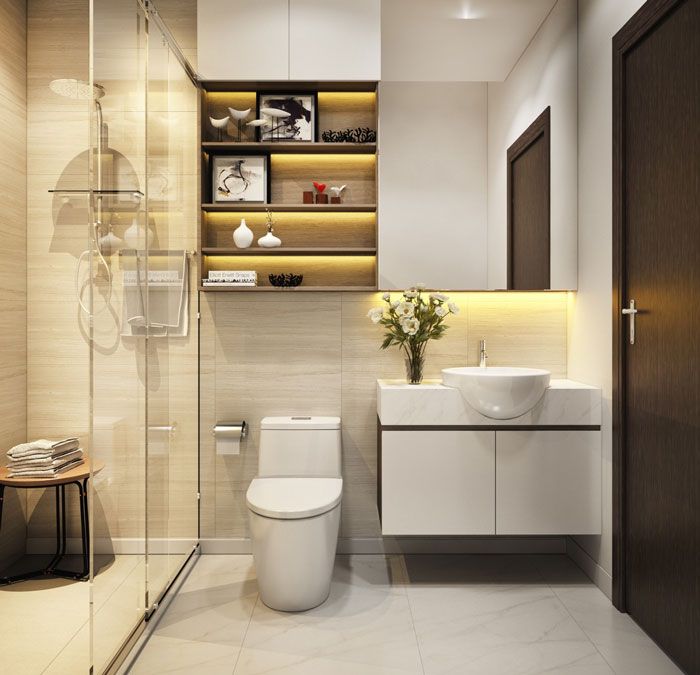 Trong nh&agrave; ống 4 tầng, ph&ograve;ng tắm v&ograve;i sen ph&acirc;n t&aacute;ch với khu vệ sinh b&ecirc;n ngo&agrave;i bằng v&aacute;ch k&iacute;nh trong suốt tạo cảm gi&aacute;c rộng r&atilde;i, sang trọng.