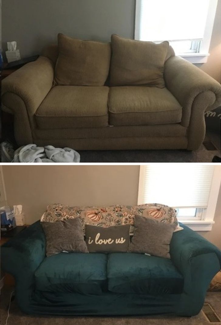 sofa đ&ocirc;i trước v&agrave; sau cải tạo