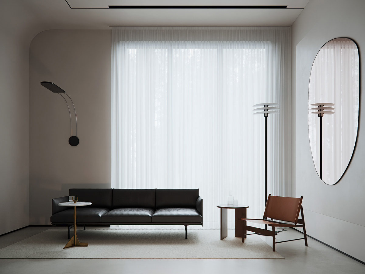 h&igrave;nh ảnh to&agrave;n cảnh ph&ograve;ng kh&aacute;ch căn hộ tối giản với sofa da đen, b&agrave;n tr&agrave; tr&ograve;n, đ&egrave;n s&agrave;n độc đ&aacute;o, tranh trừu tượng