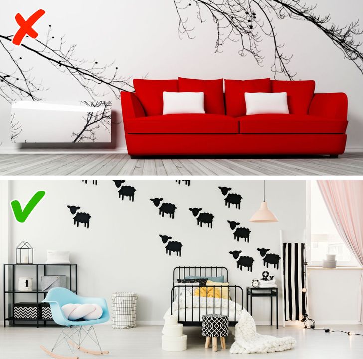 h&igrave;nh ảnh ph&ograve;ng kh&aacute;ch v&agrave; ph&ograve;ng ngủ được trang tr&iacute; bởi decal d&aacute;n tường