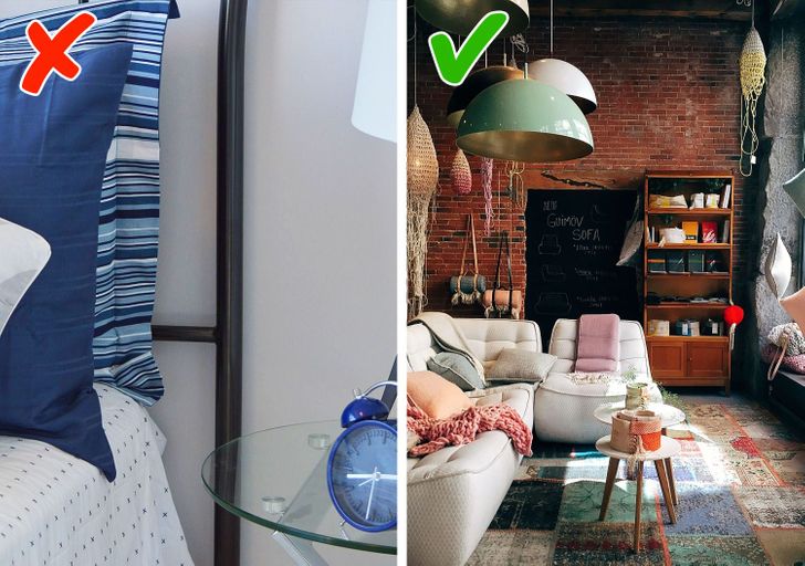 h&igrave;nh ảnh g&oacute;c ph&ograve;ng ngủ với gối tựa, đ&egrave;n m&agrave;u xanh dương, ph&ograve;ng kh&aacute;ch nổi bật với sofa trắng, tường gạch trần