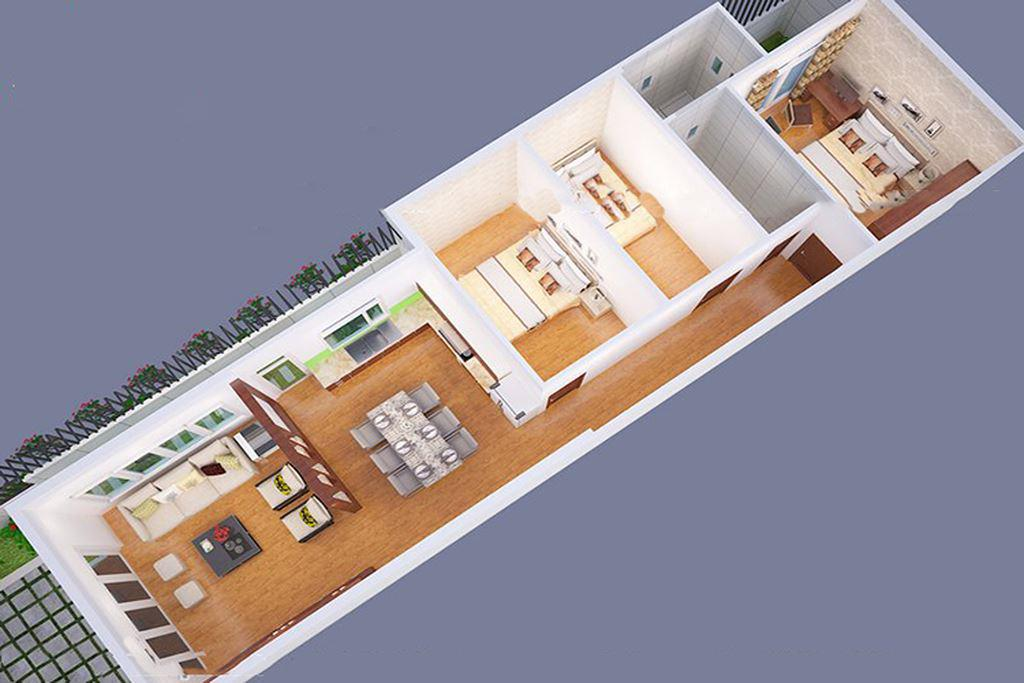 Phối cảnh 3D thiết kế nội thất nhà cấp 4 diện tích 5x20m. hình ảnh phối cảnh 3D thiết kế nội thất nhà cấp 4 diện tích 5x20m.