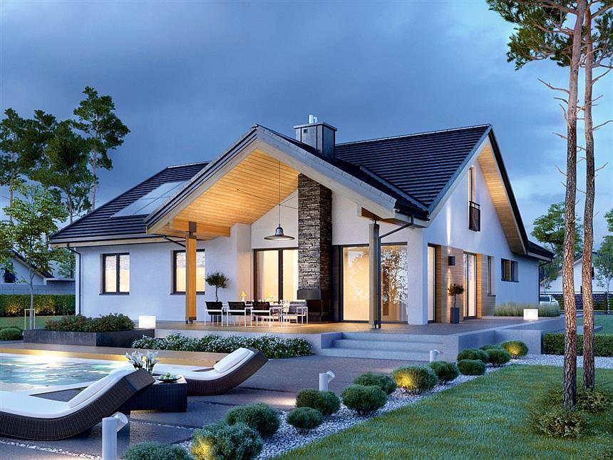 Phối cảnh 3D mẫu nhà cấp 4 ba phòng ngủ, diện tích 100m2 hình ảnh phối cảnh 3D mẫu nhà cấp 4 diện tích 100m2, ba phòng ngủ với ánh đèn vàng ấm áp, sân vườn đẹp