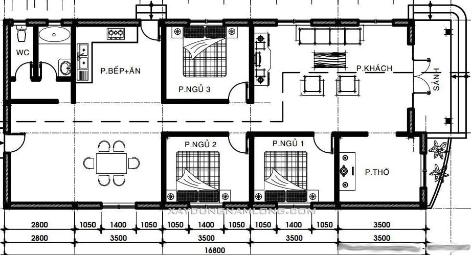 Mặt bằng thiết kế nhà cấp 4 ba phòng ngủ Sơ đồ mặt bằng bố trí nội thất nhà cấp 4 diện tích 100m2, 3 phòng ngủ