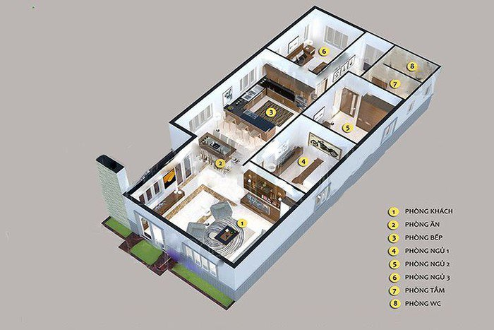 Phối cảnh bố cục nội thất nhà cấp 4 hiện đại Phối cảnh bố cục nội thất nhà cấp 4 diện tích 5x20m phong cách hiện đại