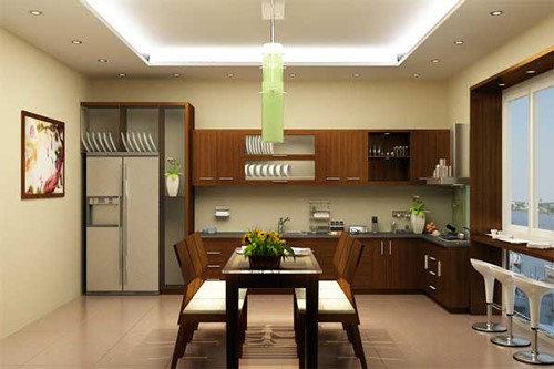hình ảnh phòng bếp kết hợp phòng ăn với hệ tủ bếp bằng gỗ, bar mini cạnh cửa sổ kính ngập tràn ánh sáng