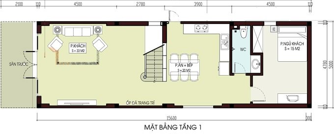 Mặt bằng bố tr&iacute; nội thất tầng 1 nh&agrave; ống hiện đại