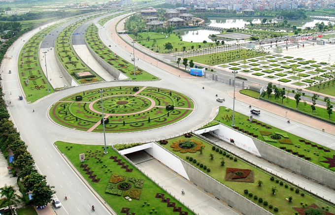 hình ảnh một đoạn Đại lộ Thăng Long nhìn từ trên cao, nơi có giá đất tăng mạnh trong năm 2020