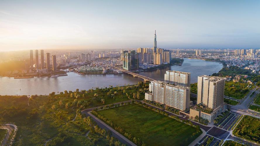 hình ảnh một góc TP.HCM nhìn từ trên cao với các tòa chung cư cao tầng xen kẽ khu dân cư thấp tầng, cây xanh, sông nước