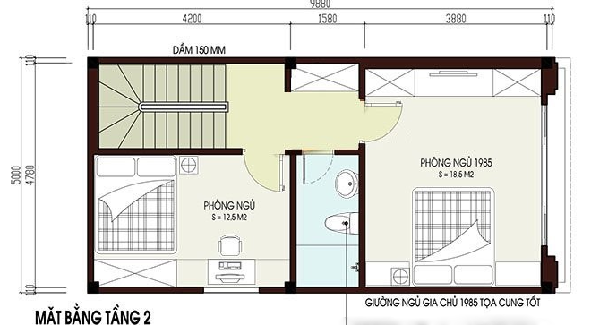 Mặt bằng bố trí nội thất tầng 2 nhà ống