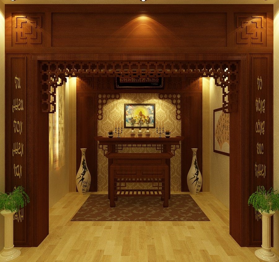 Không gian phòng thờ ấm áp, trang nghiêm.