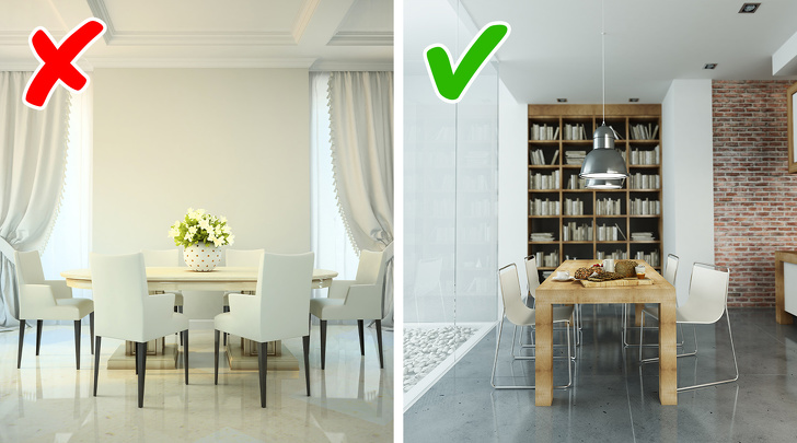 hình ảnh phòng ăn màu trắng chủ đạo và phòng ăn có thêm giá sách, tường gạch trần ấm áp