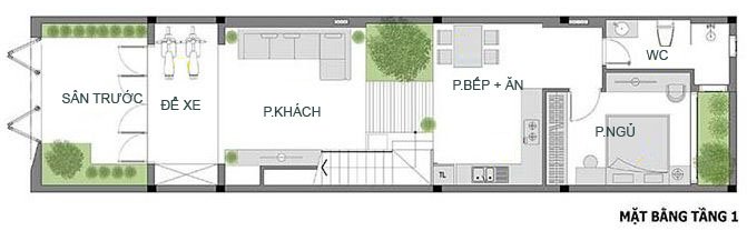 Mặt bằng bố trí nội thất tầng 1 nhà ống hiện đại kết hợp truyền thống