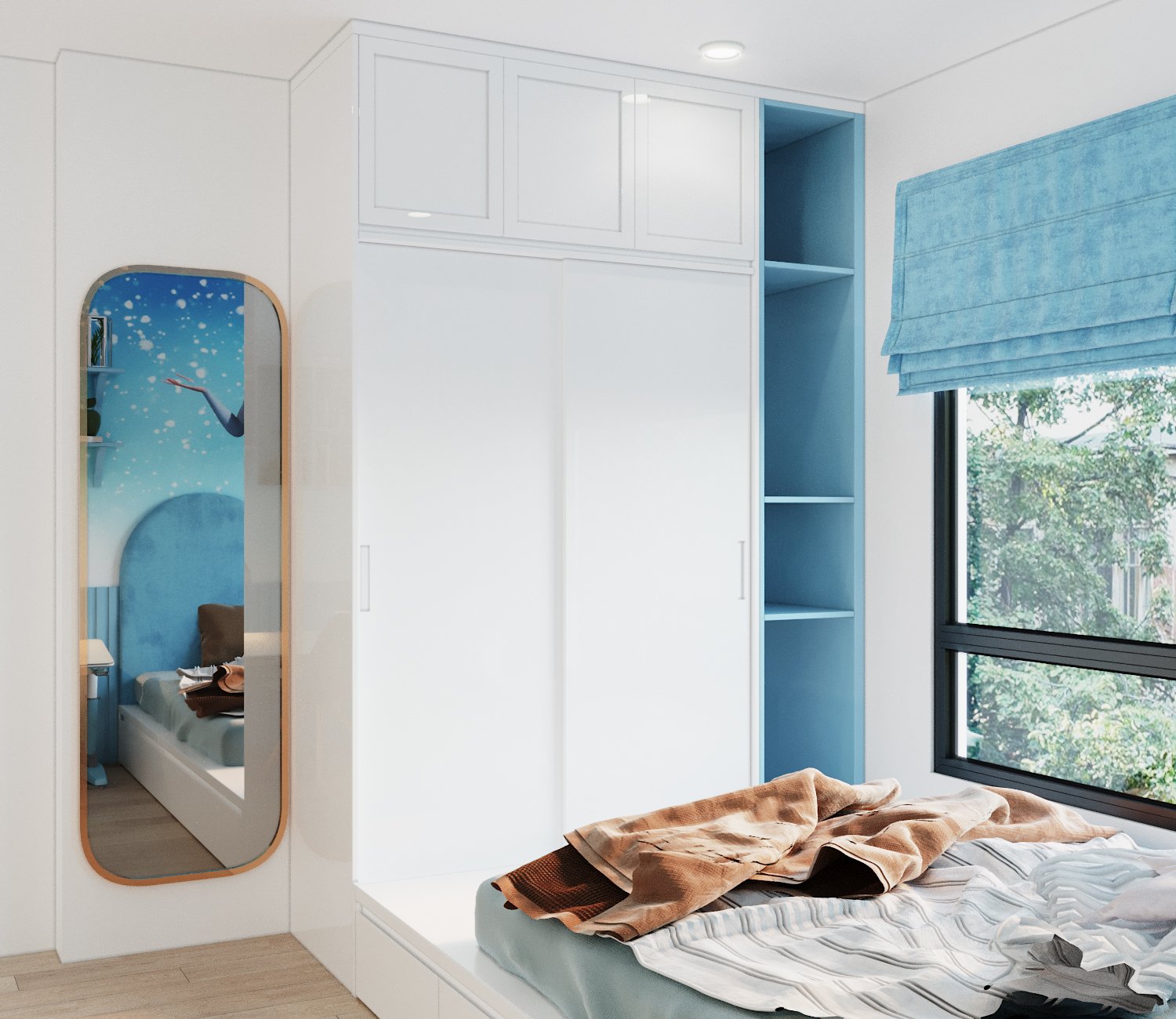 Thiết kế phòng ngủ trẻ em đẹp Gương dài lắp cạnh cửa sổ giúp hút sáng tự nhiên cho căn phòng, đồng thời nới rộng không gian về mặt thị giác.